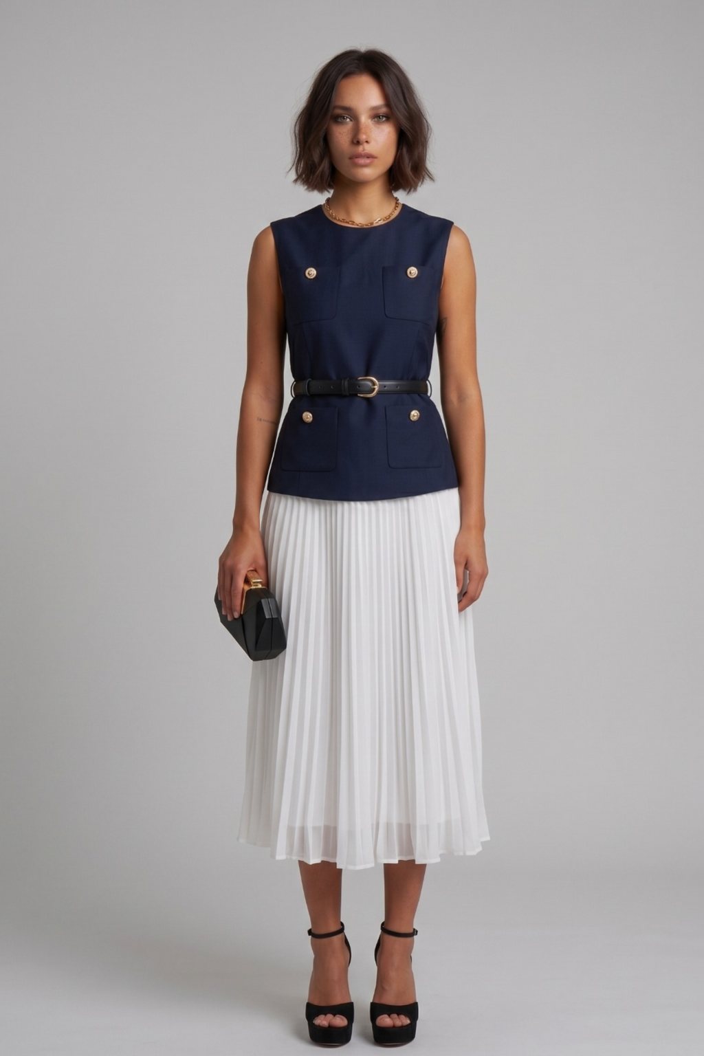 navy and white pleated dress, two piece fake dress