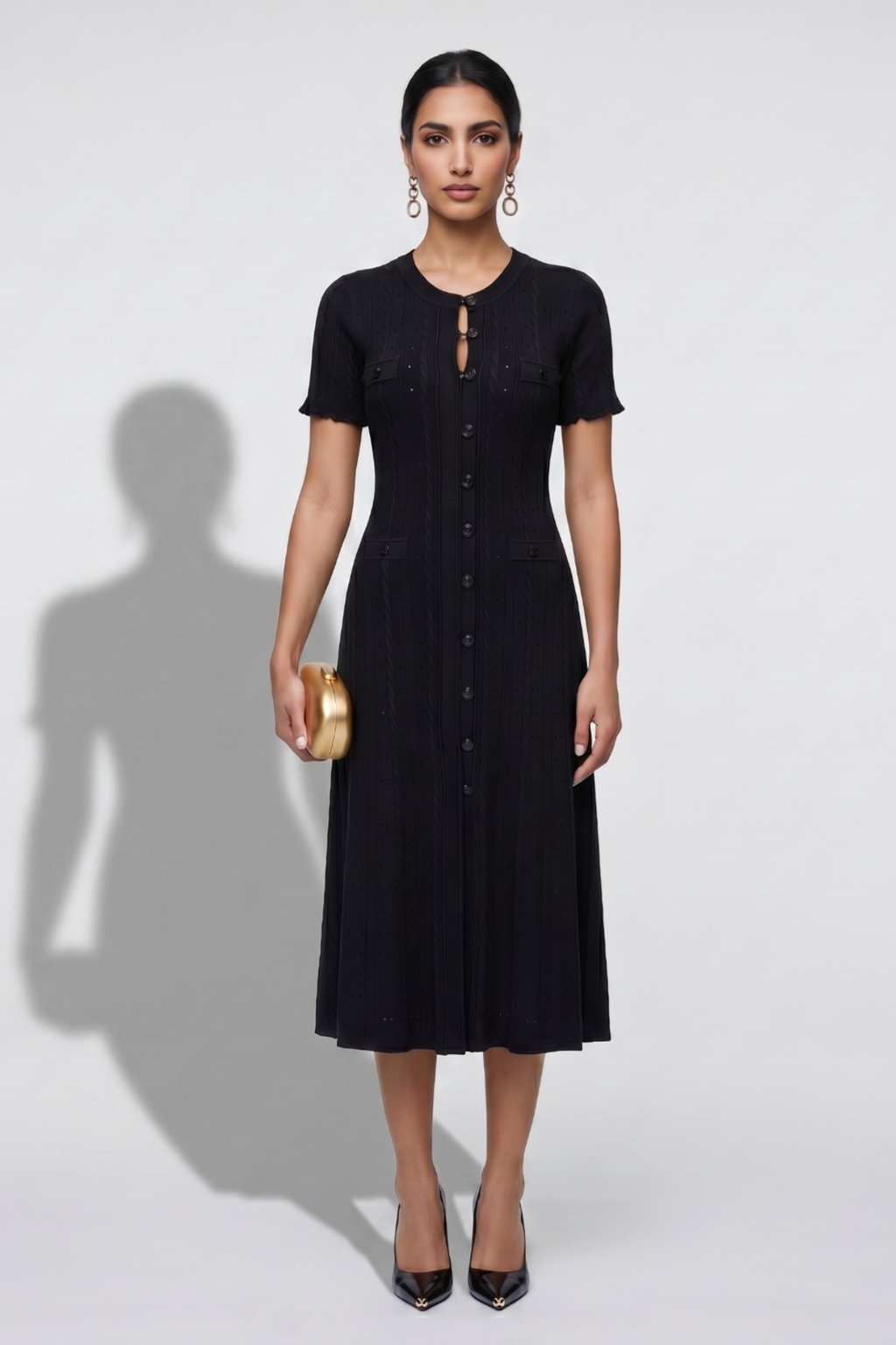 Classic Black Short-Sleeve Midi Dress