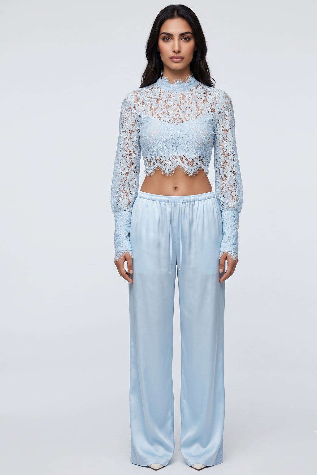Blue Sheer Lace Crop Top & Satin Wide-Leg Pants Set