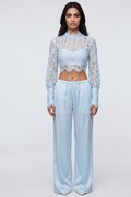 Blue Sheer Lace Crop Top & Satin Wide-Leg Pants Set