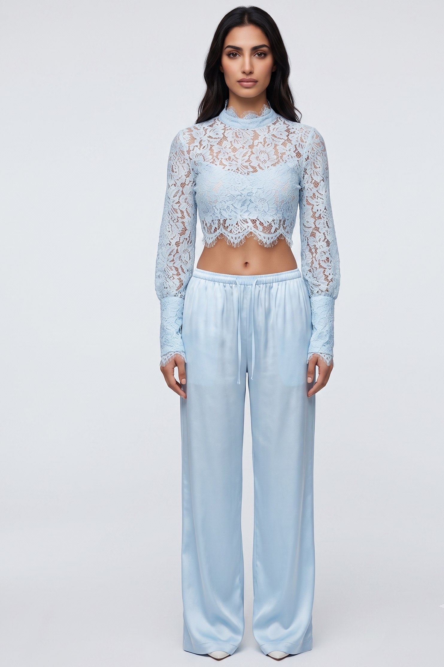Blue Sheer Lace Crop Top & Satin Wide-Leg Pants Set