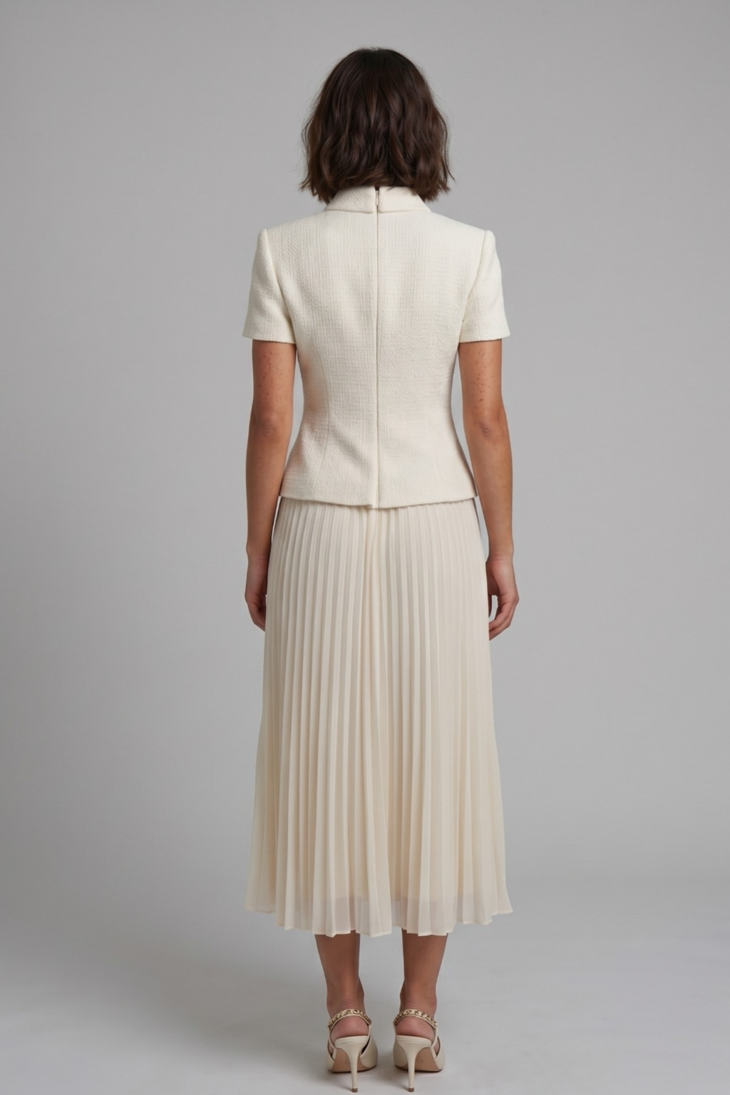 Beige Belted Pleated Midi Dress