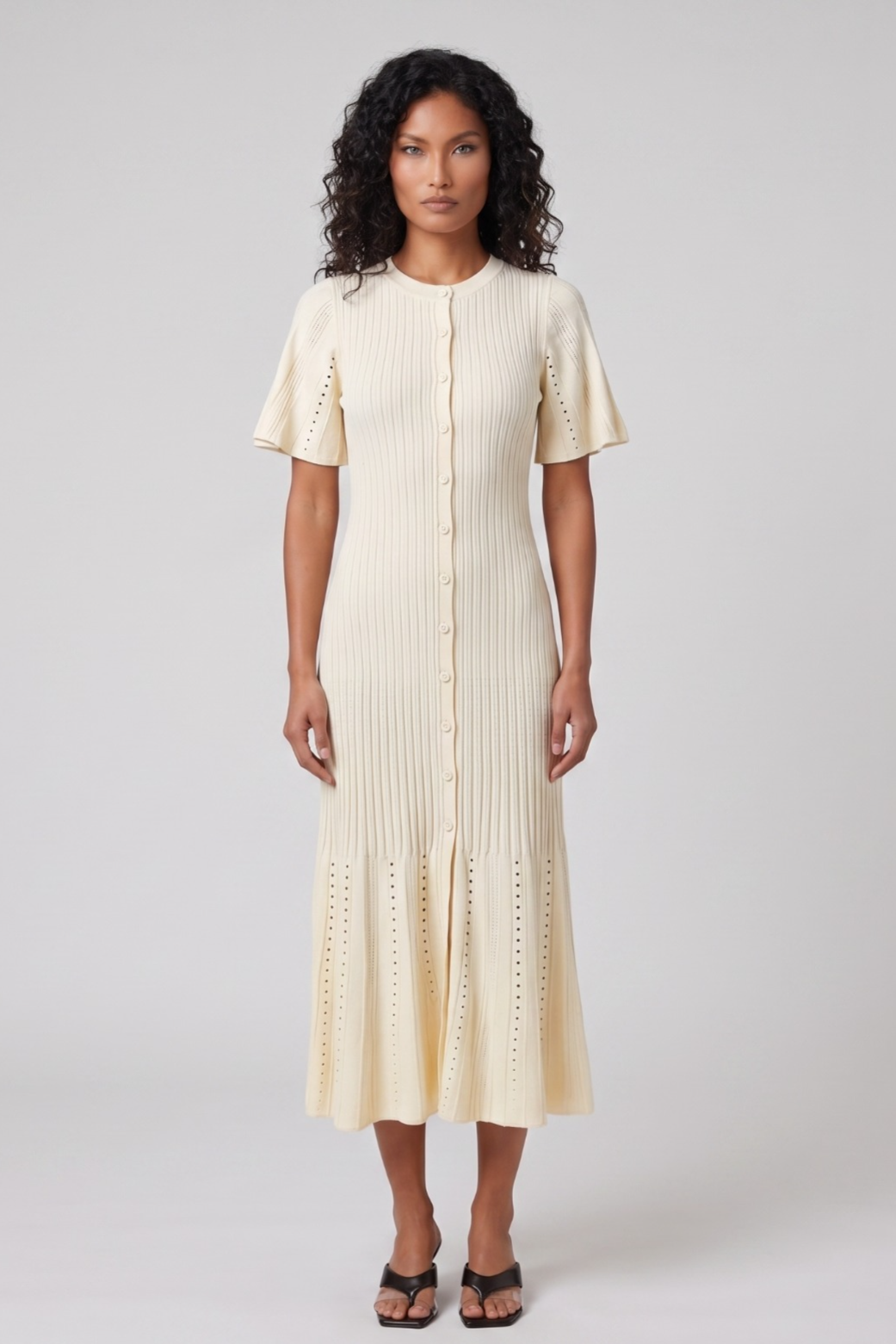 Cream Knitted Short-Sleeve Midi Dress – Soléne