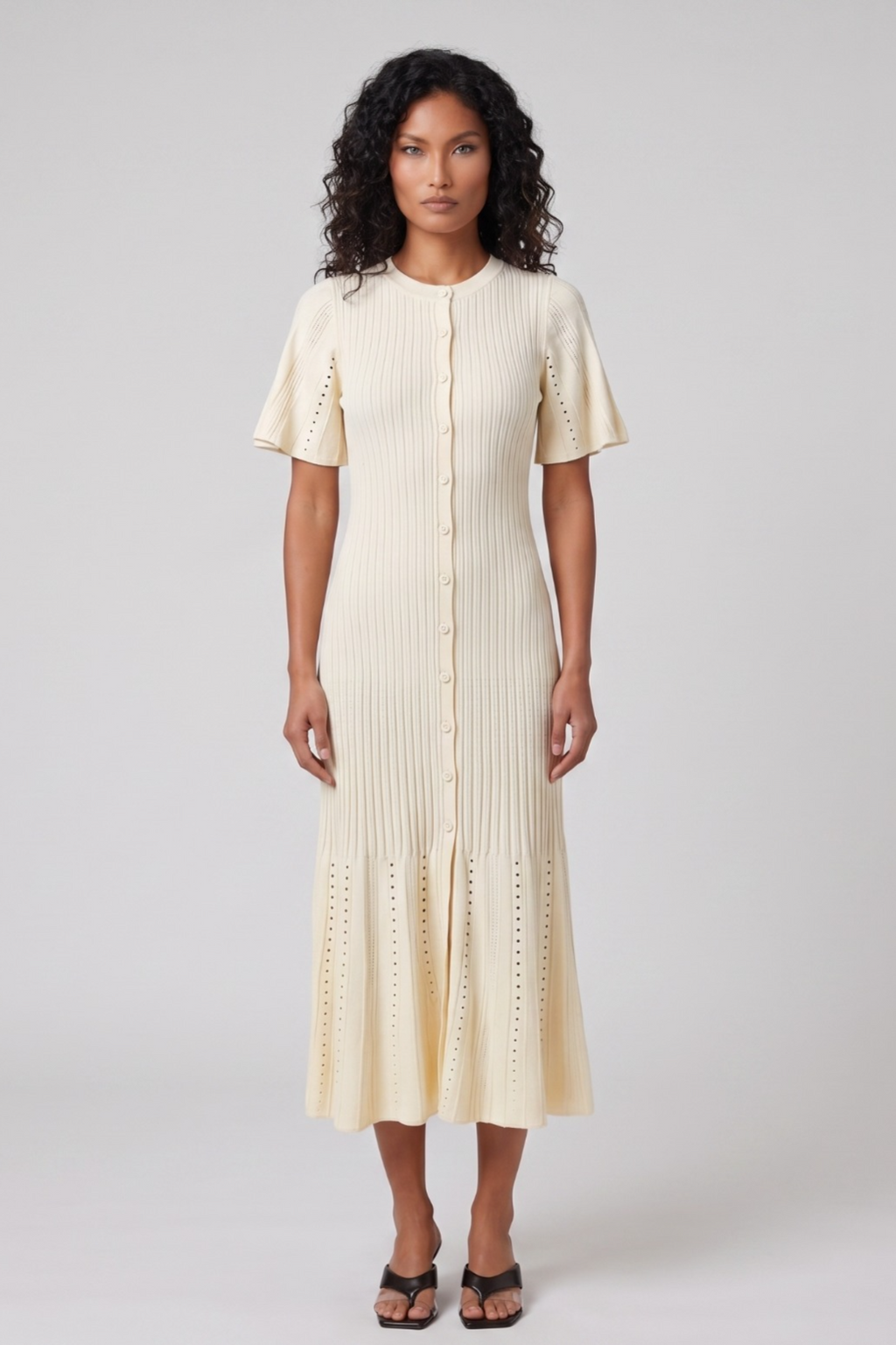 Cream Knitted Short-Sleeve Midi Dress