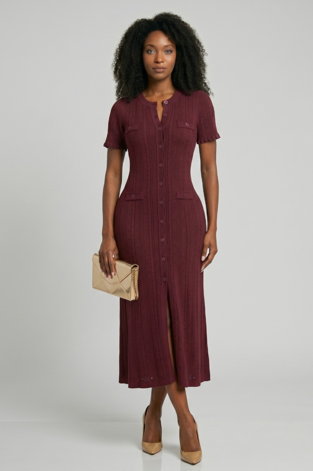 Burgundy Short-Sleeve Midi Dress – Soléne