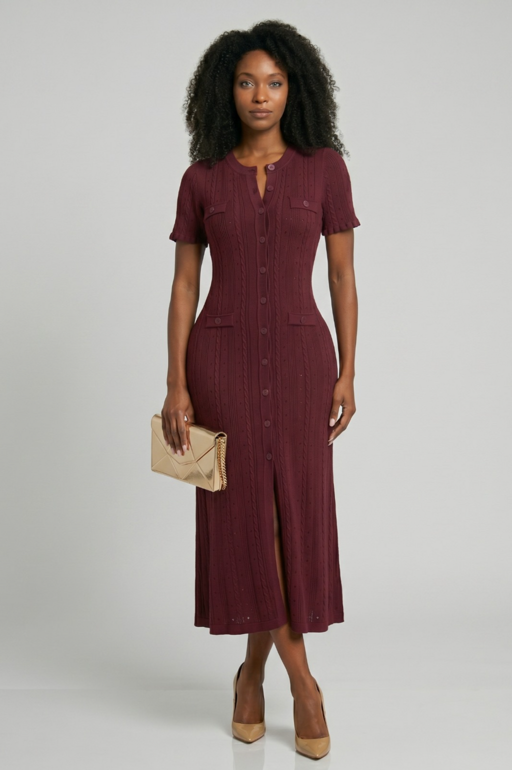 Burgundy Short-Sleeve Midi Dress
