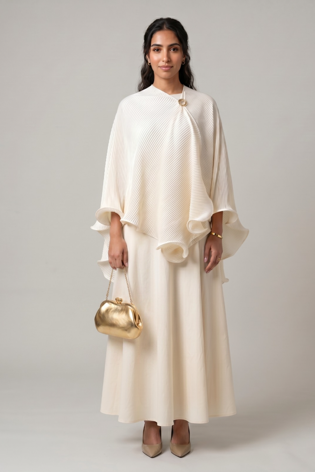 Cream Cape-Sleeve Maxi Dress with Fringe Trim