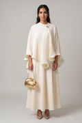 Cream Cape-Sleeve Maxi Dress with Fringe Trim