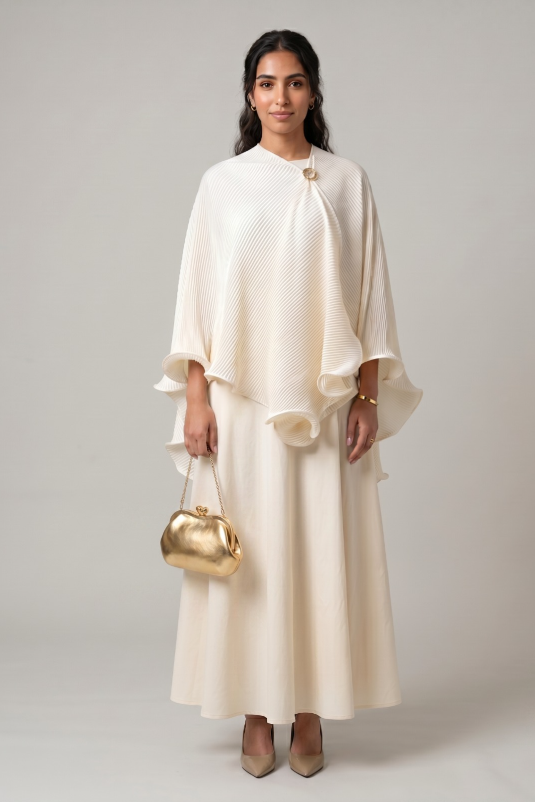 Cream Cape-Sleeve Maxi Dress with Fringe Trim