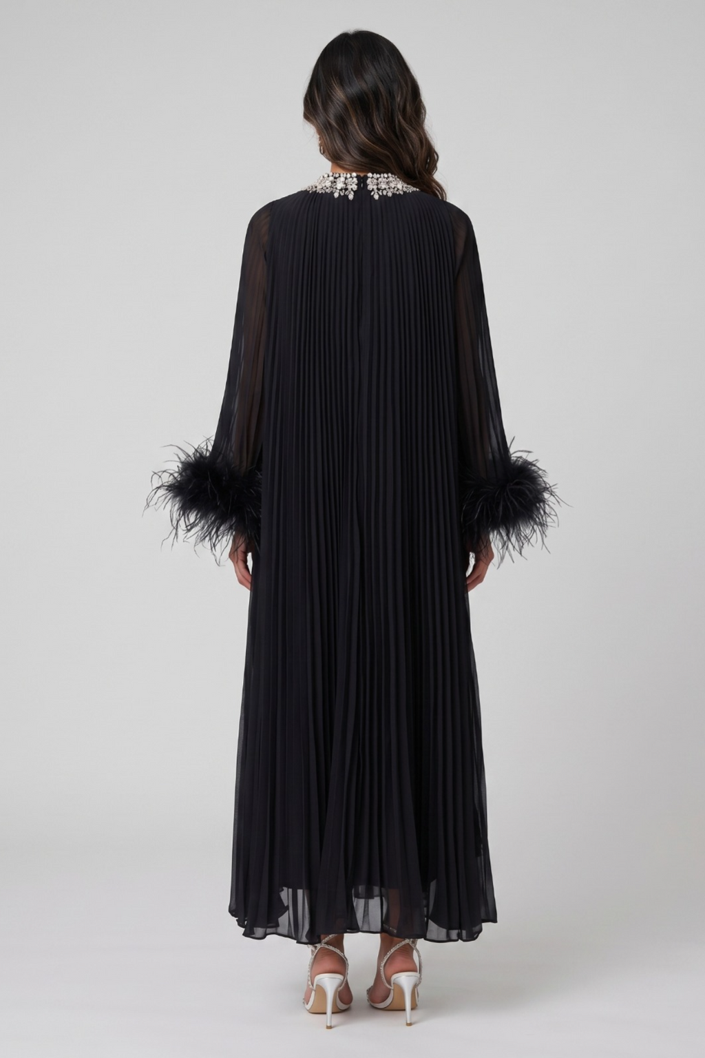 Black Fringe & Rhinestone Long-Sleeve Dress
