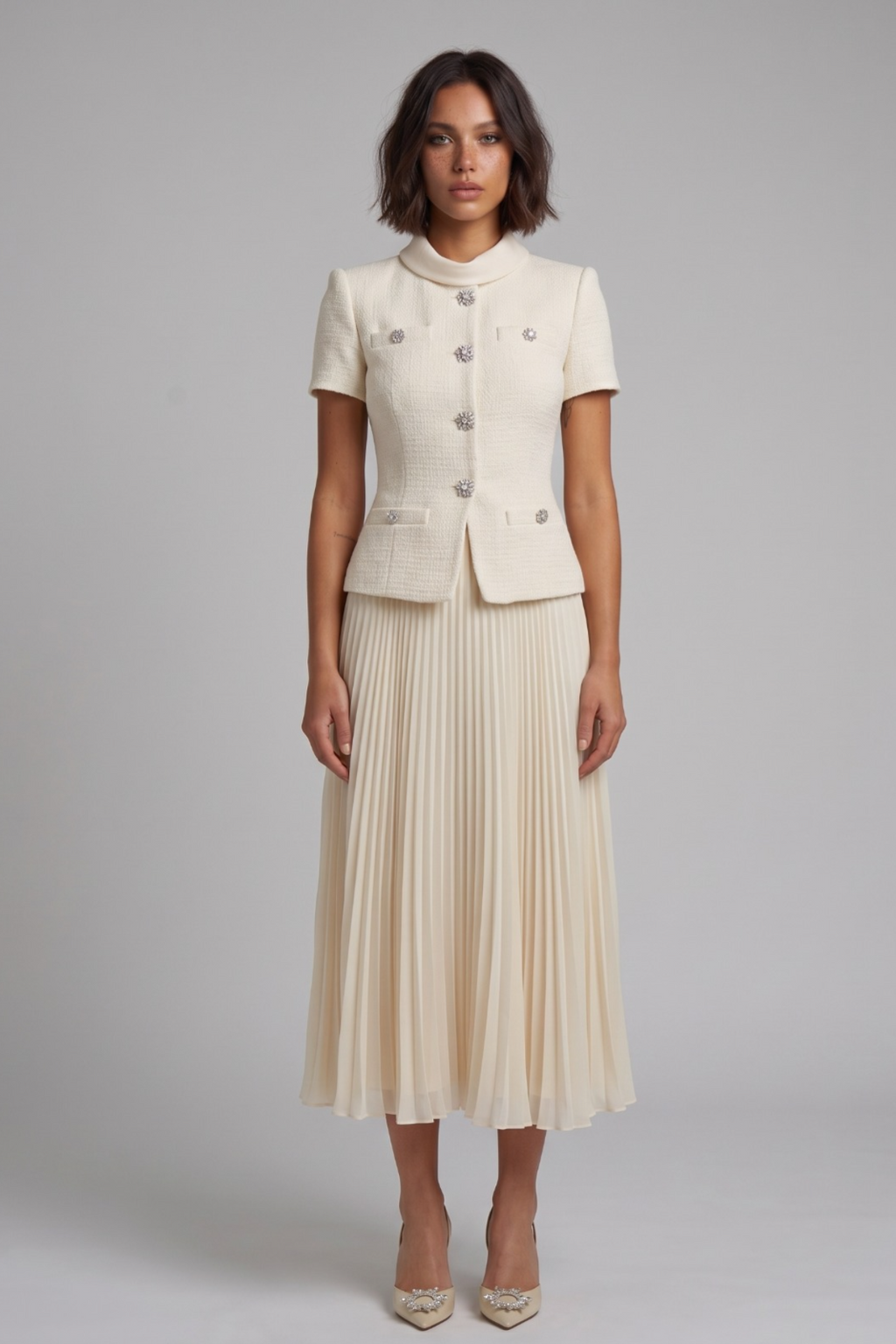 Beige Belted Pleated Midi Dress