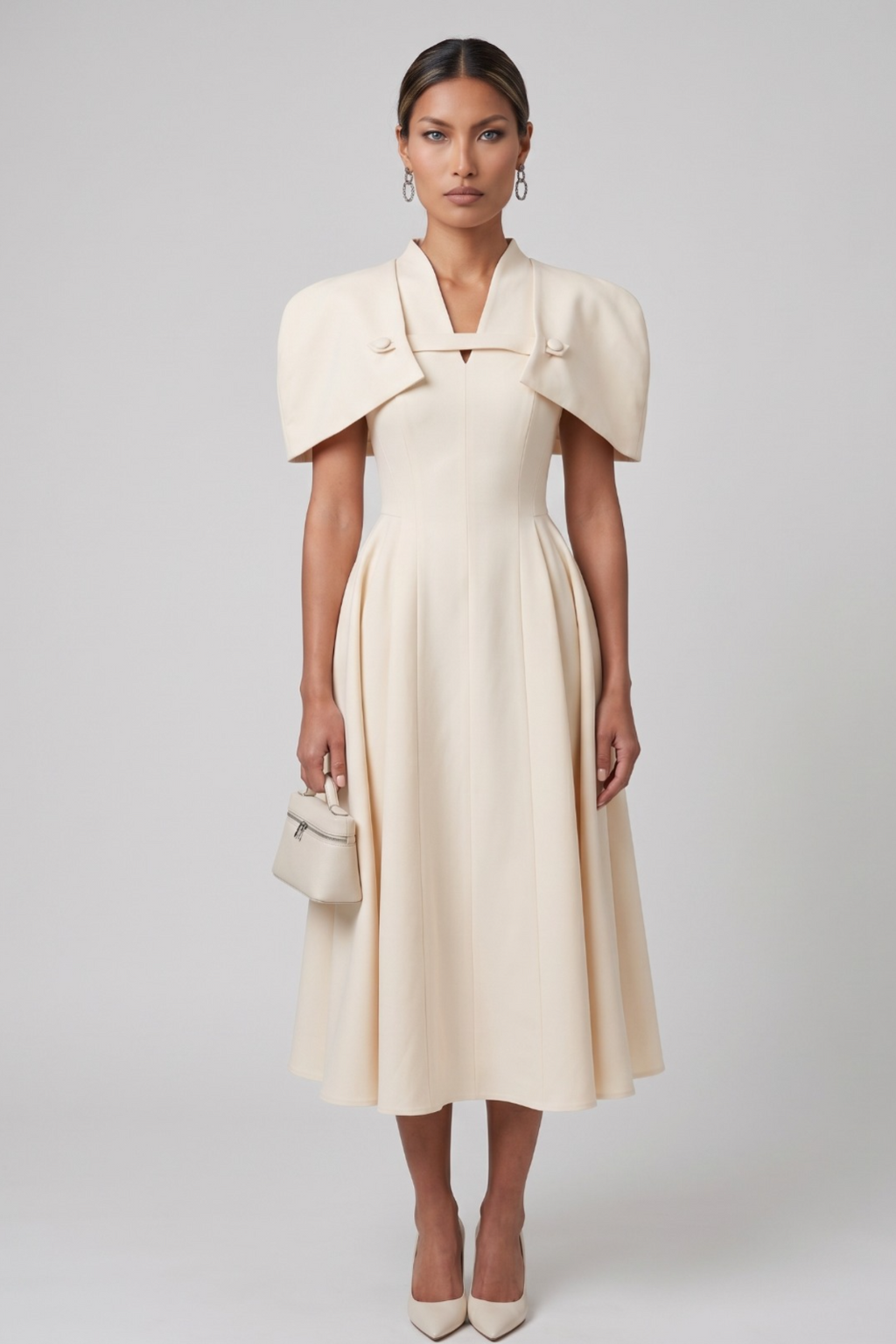 Cream Cape-Sleeve Midi Dress