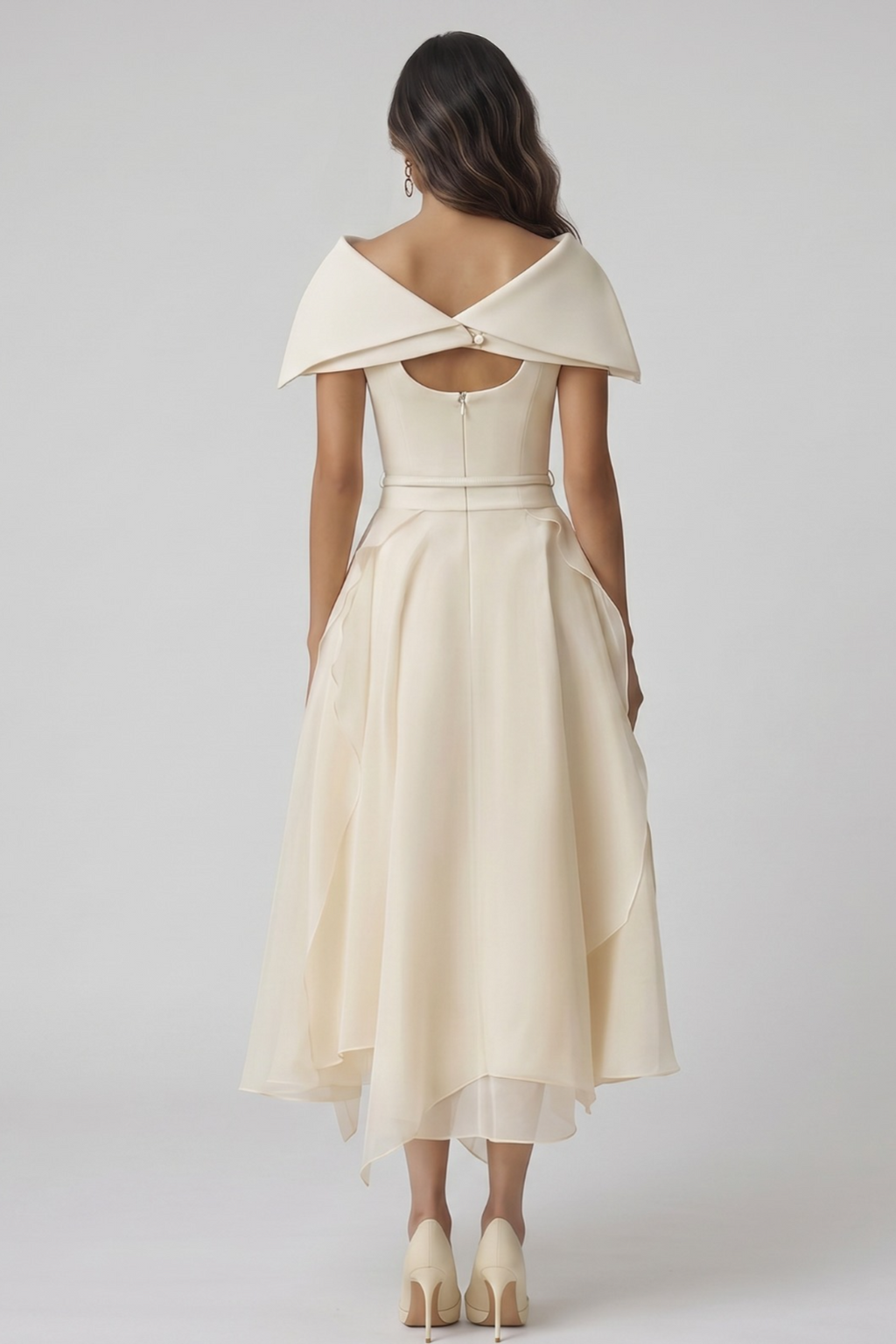 Woman wearing a beige off-shoulder dress with a plain background, bridal dress