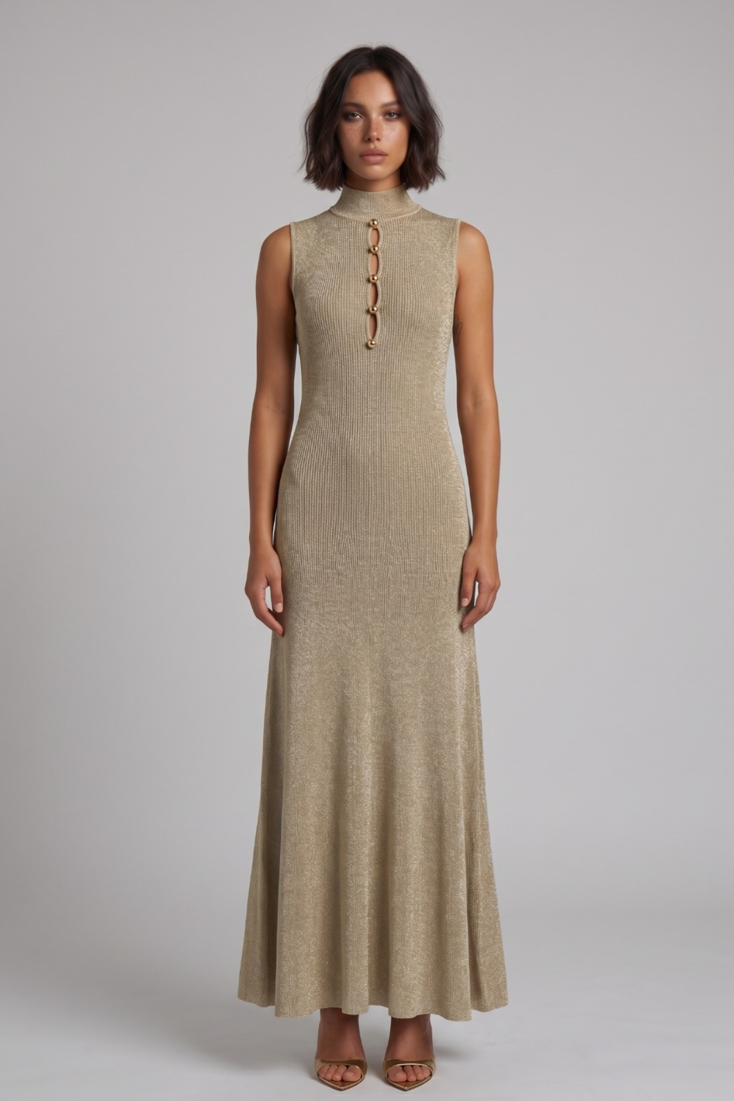Gold Sleeveless High-Neck Maxi Dress
