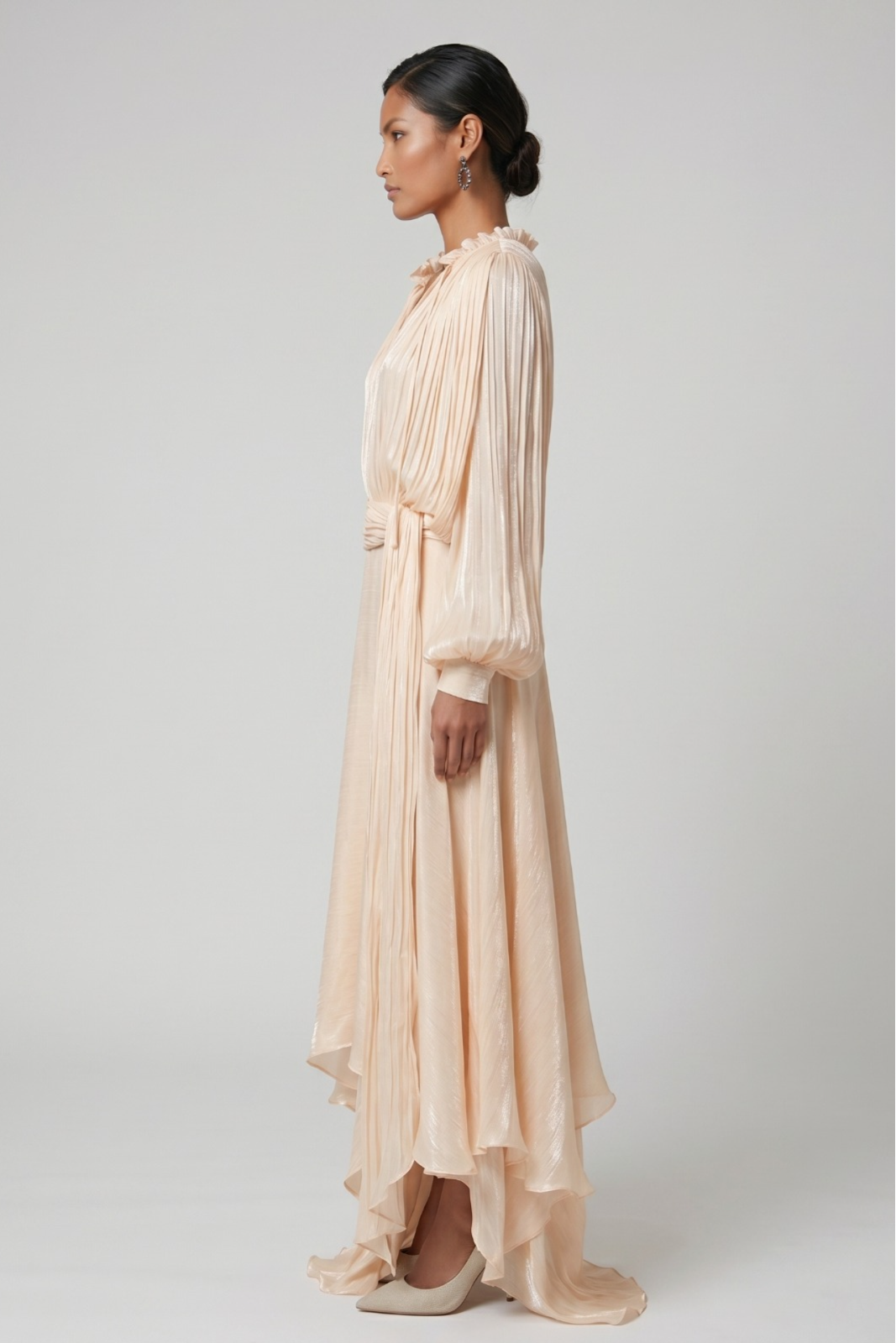 Apricot Draped Balloon-Sleeve Maxi Dress