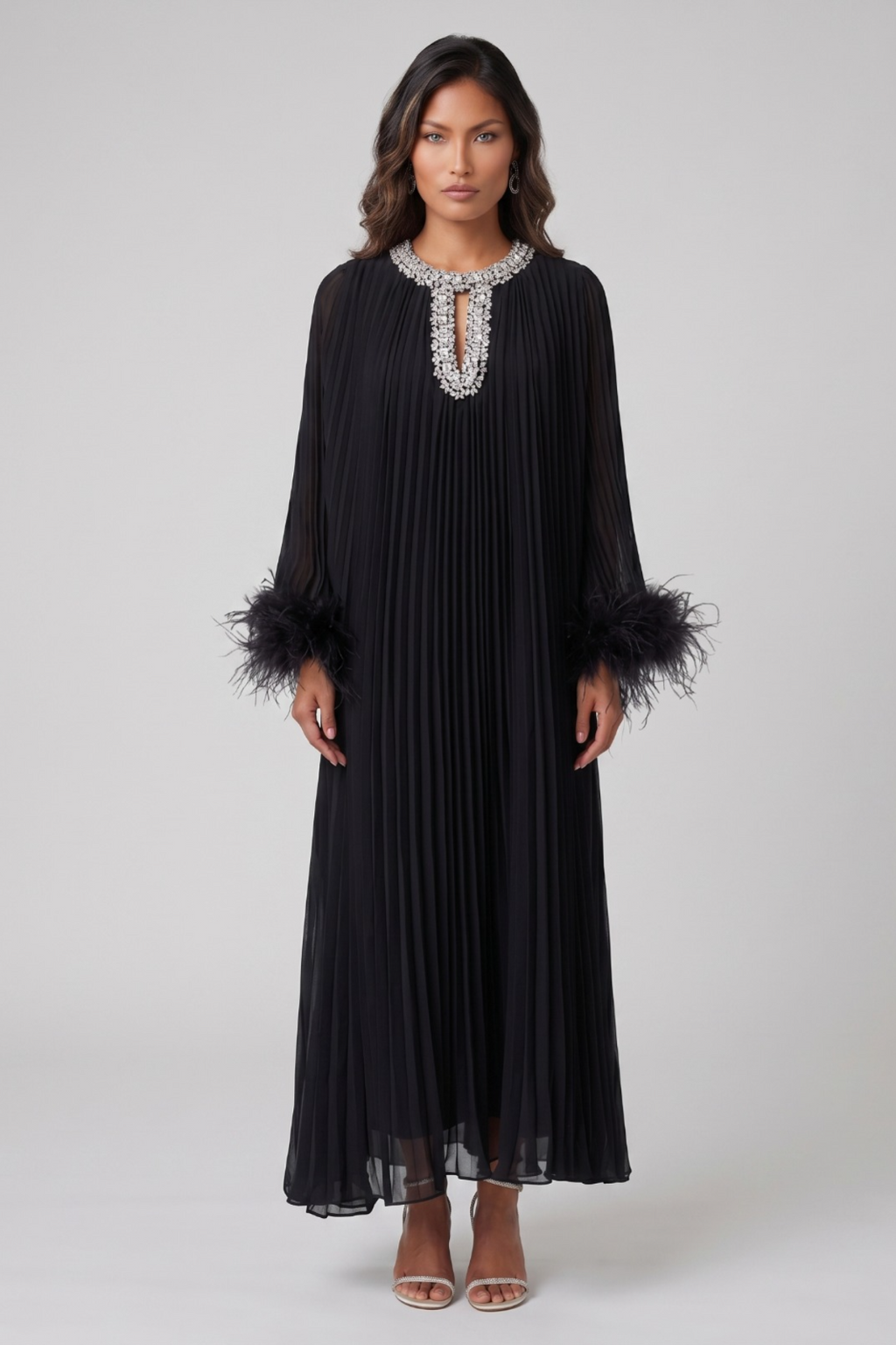Black Fringe & Rhinestone Long-Sleeve Dress