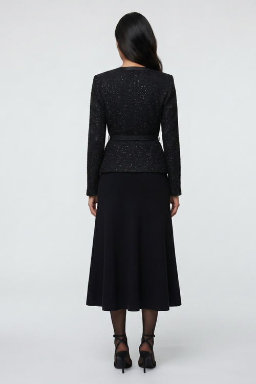 Black Embroidered Long-Sleeve Cocktail Dress