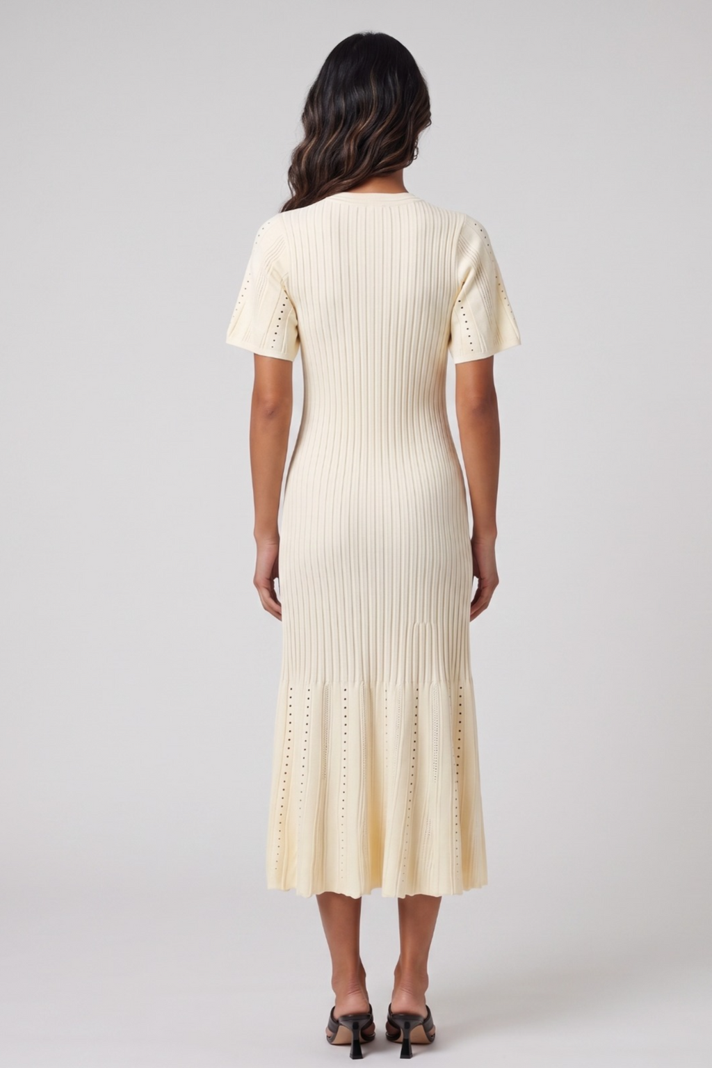 Cream Knitted Short-Sleeve Midi Dress