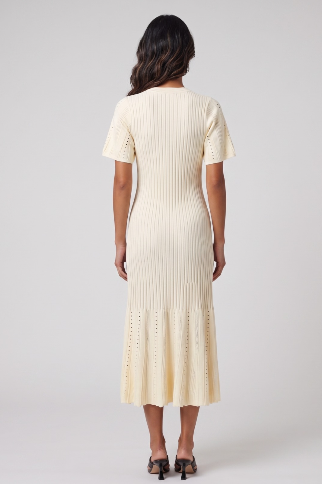 Cream Knitted Short-Sleeve Midi Dress