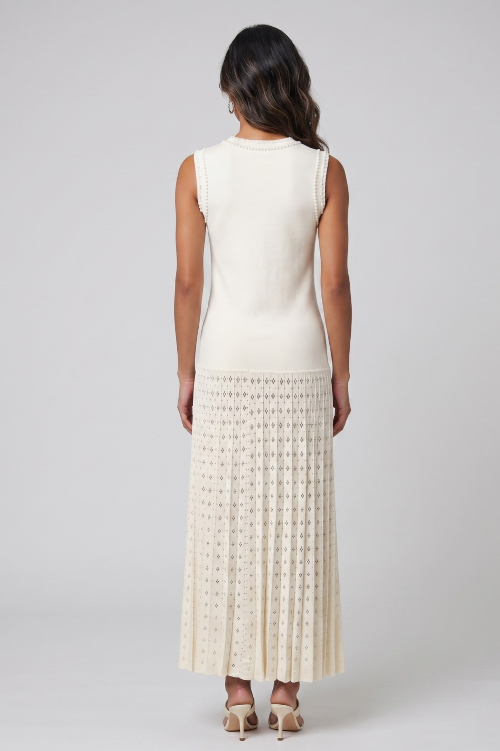 Ivory Pearl-Trim Pleated Midi Dress