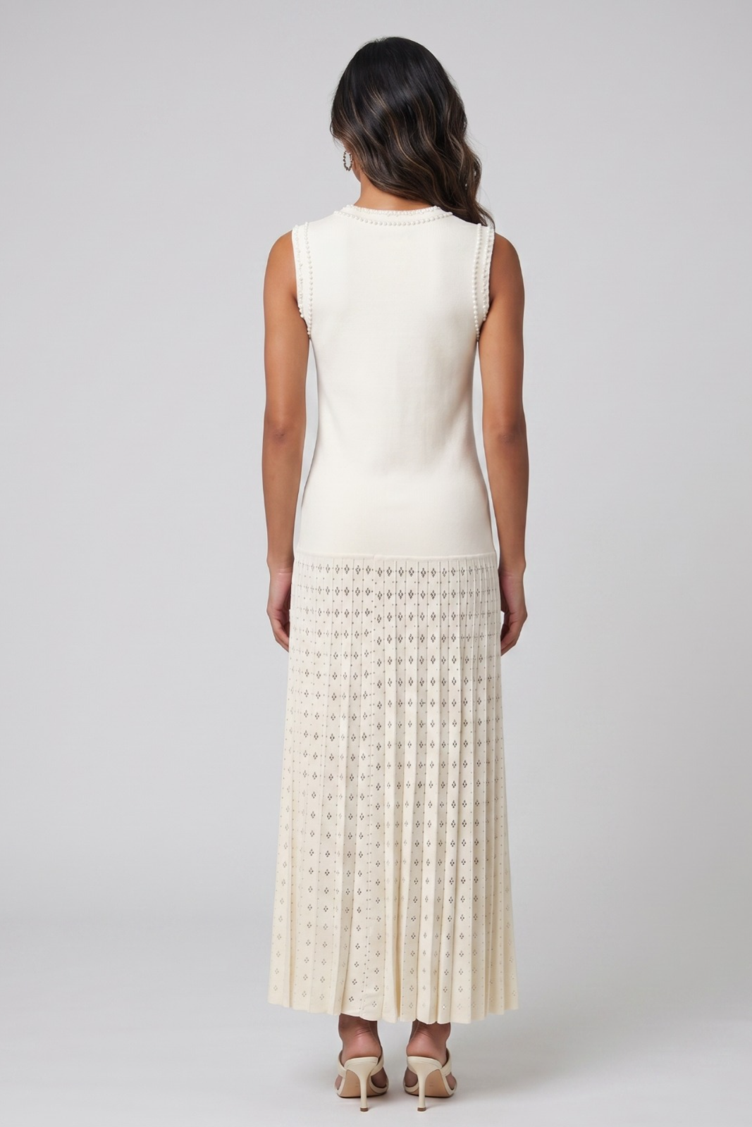 Ivory Pearl-Trim Pleated Midi Dress