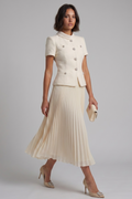 Beige Belted Pleated Midi Dress
