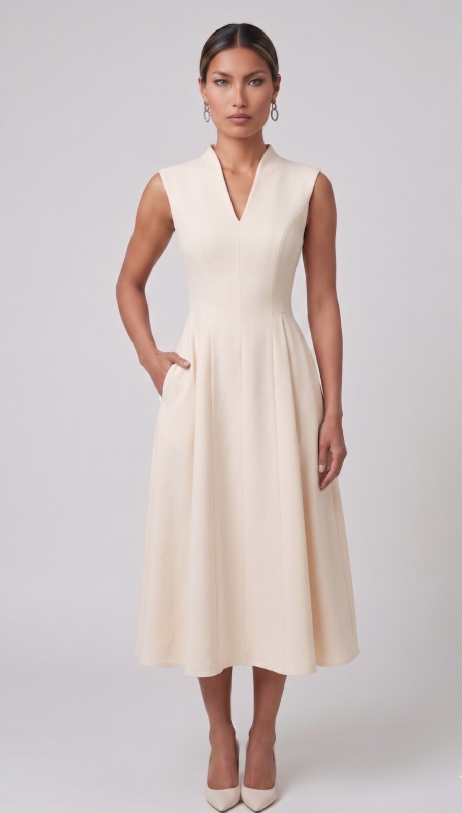 Cream Cape-Sleeve Midi Dress