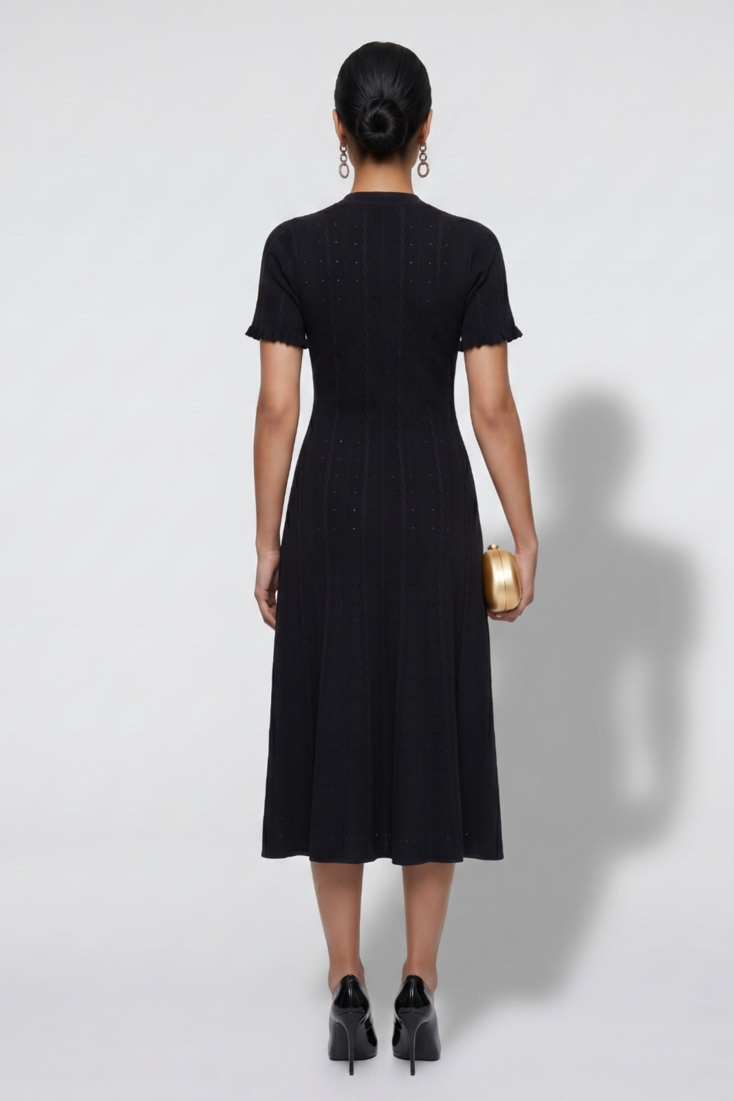 Classic Black Short-Sleeve Midi Dress