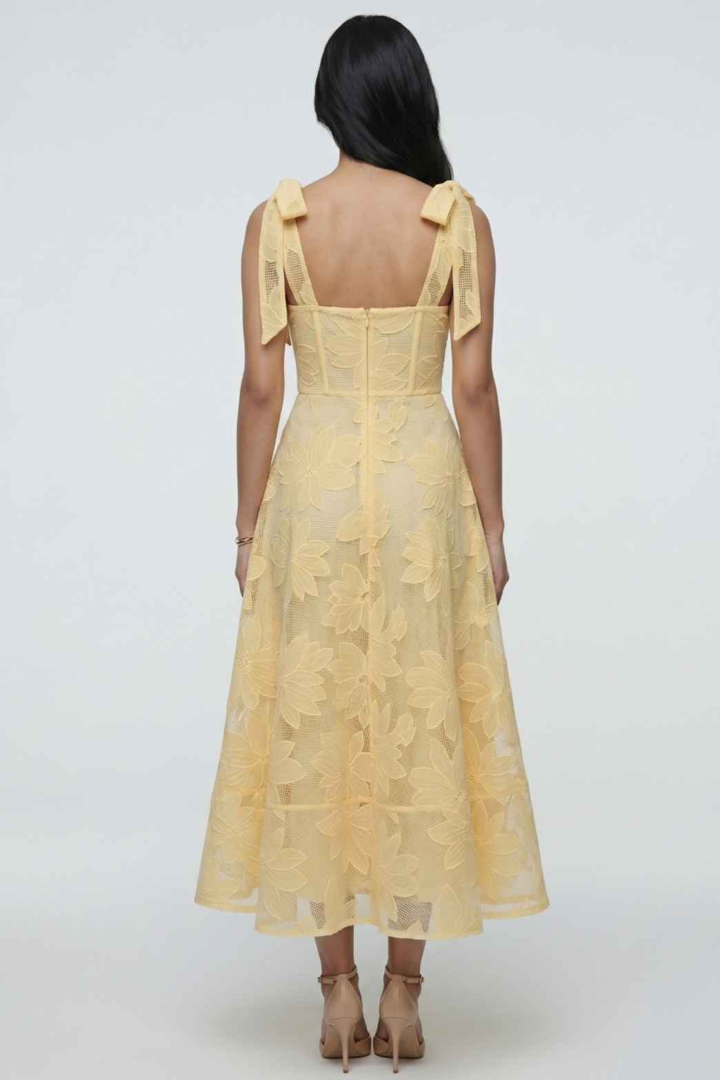 Butter Yellow Floral Tie-Shoulder Midi Dress