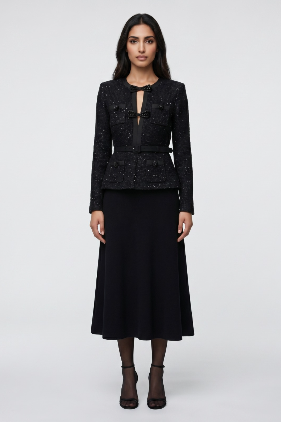 Black Embroidered Long-Sleeve Cocktail Dress