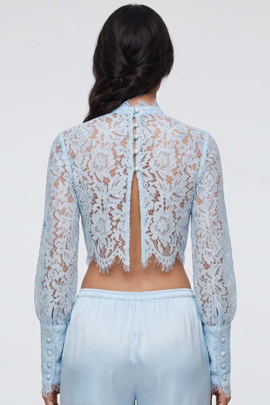Blue Sheer Lace Crop Top & Satin Wide-Leg Pants Set