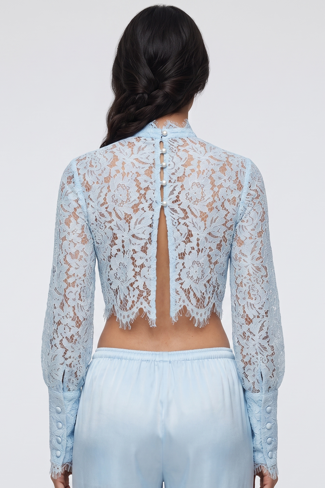Blue Sheer Lace Crop Top & Satin Wide-Leg Pants Set