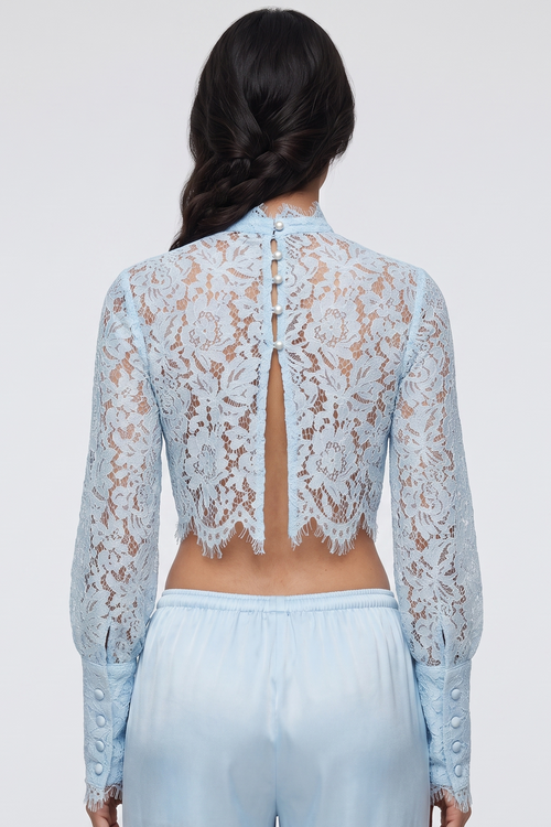 Blue Sheer Lace Crop Top & Satin Wide-Leg Pants Set