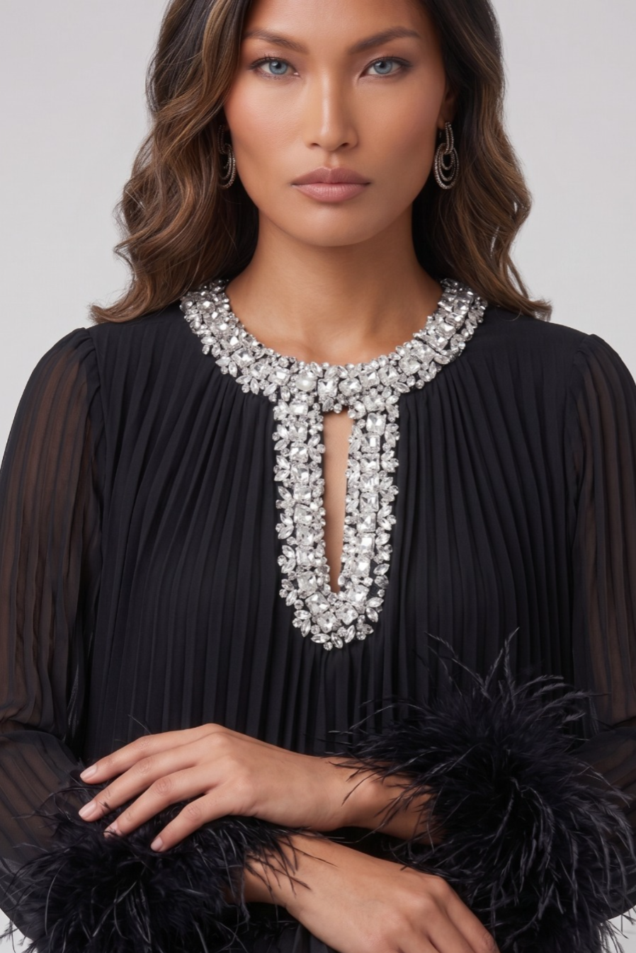 Black Fringe & Rhinestone Long-Sleeve Dress
