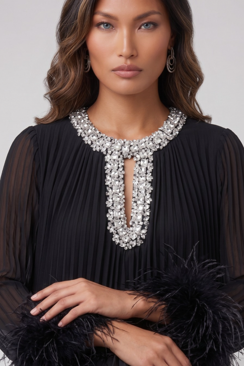 Black Fringe & Rhinestone Long-Sleeve Dress