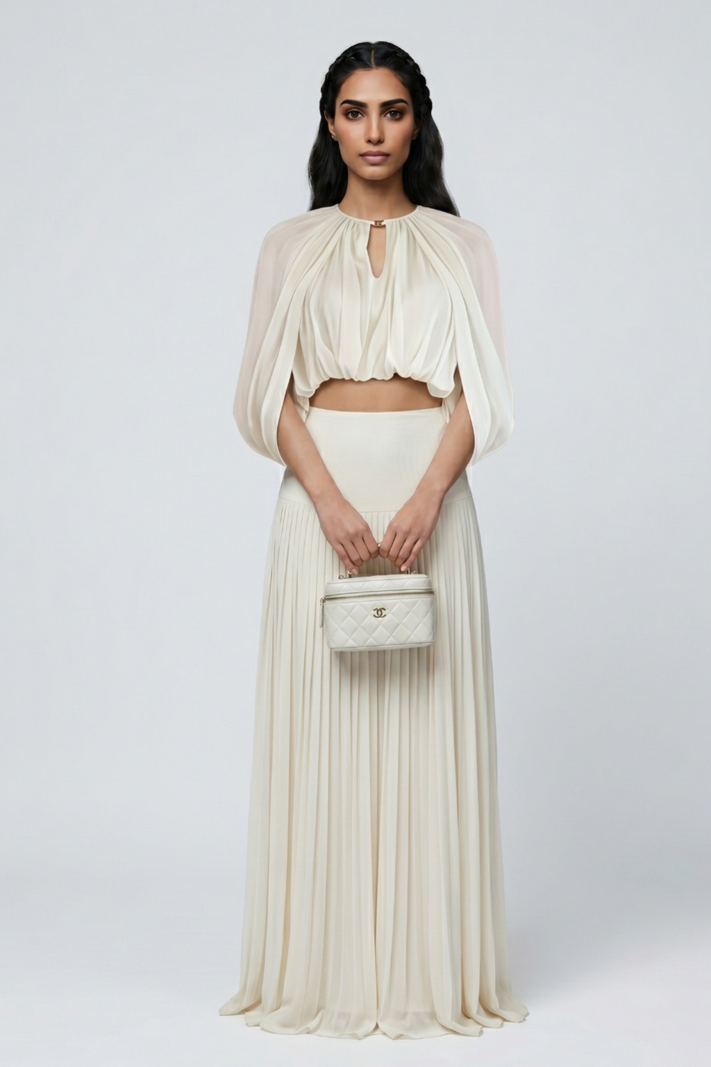 Ivory Pleated Crop Top & Maxi Skirt Set