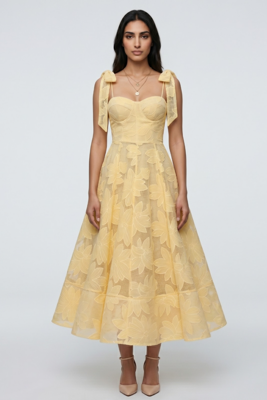 Butter Yellow Floral Tie-Shoulder Midi Dress