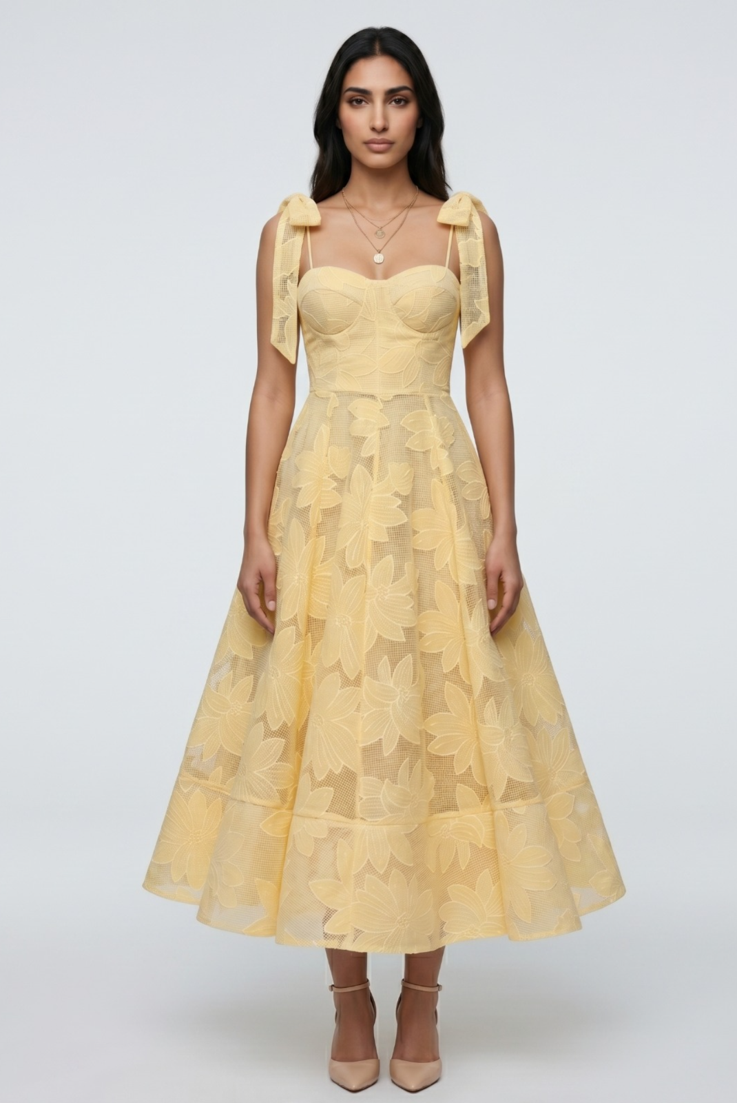 Butter Yellow Floral Tie-Shoulder Midi Dress