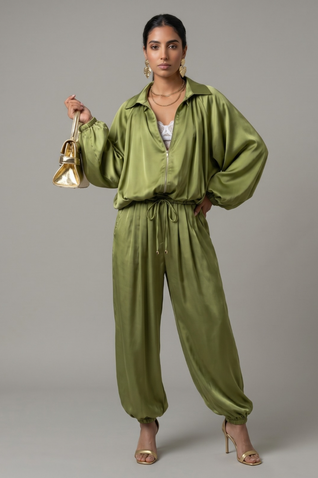 Olive Green Balloon Sleeve Loungewear Set