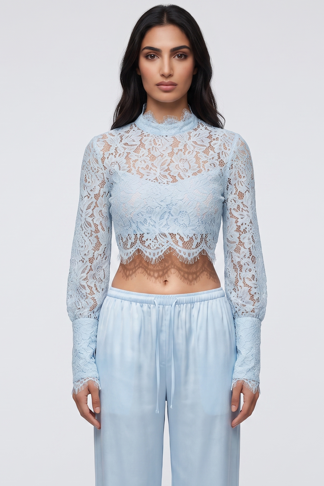 Blue Sheer Lace Crop Top & Satin Wide-Leg Pants Set