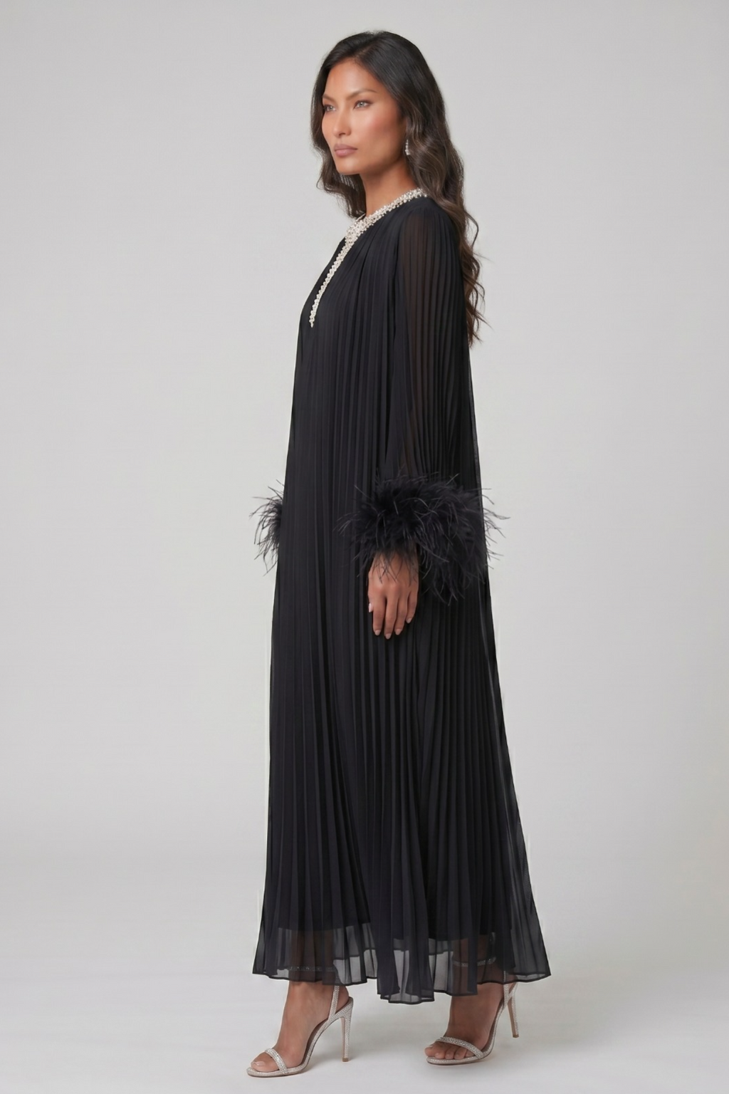 Black Fringe & Rhinestone Long-Sleeve Dress