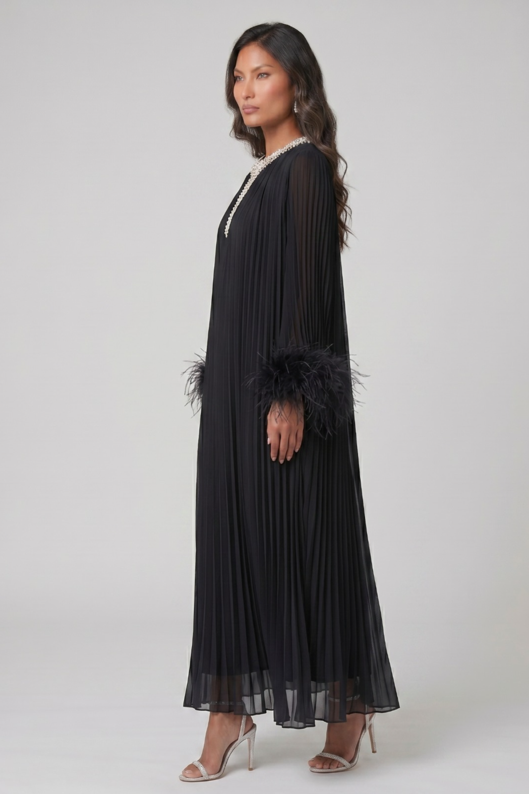 Black Fringe & Rhinestone Long-Sleeve Dress
