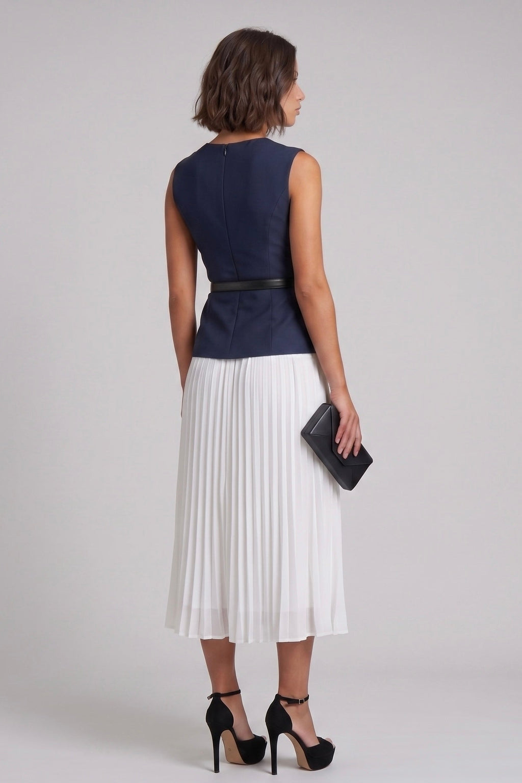 navy and white pleated dress, two piece fake dress