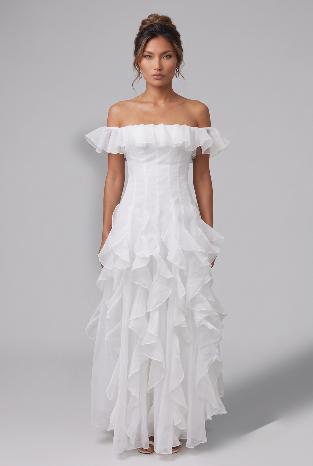 White Off-Shoulder Ruffle Organza Gown
