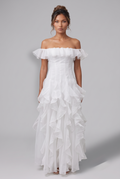 White Off-Shoulder Ruffle Organza Gown