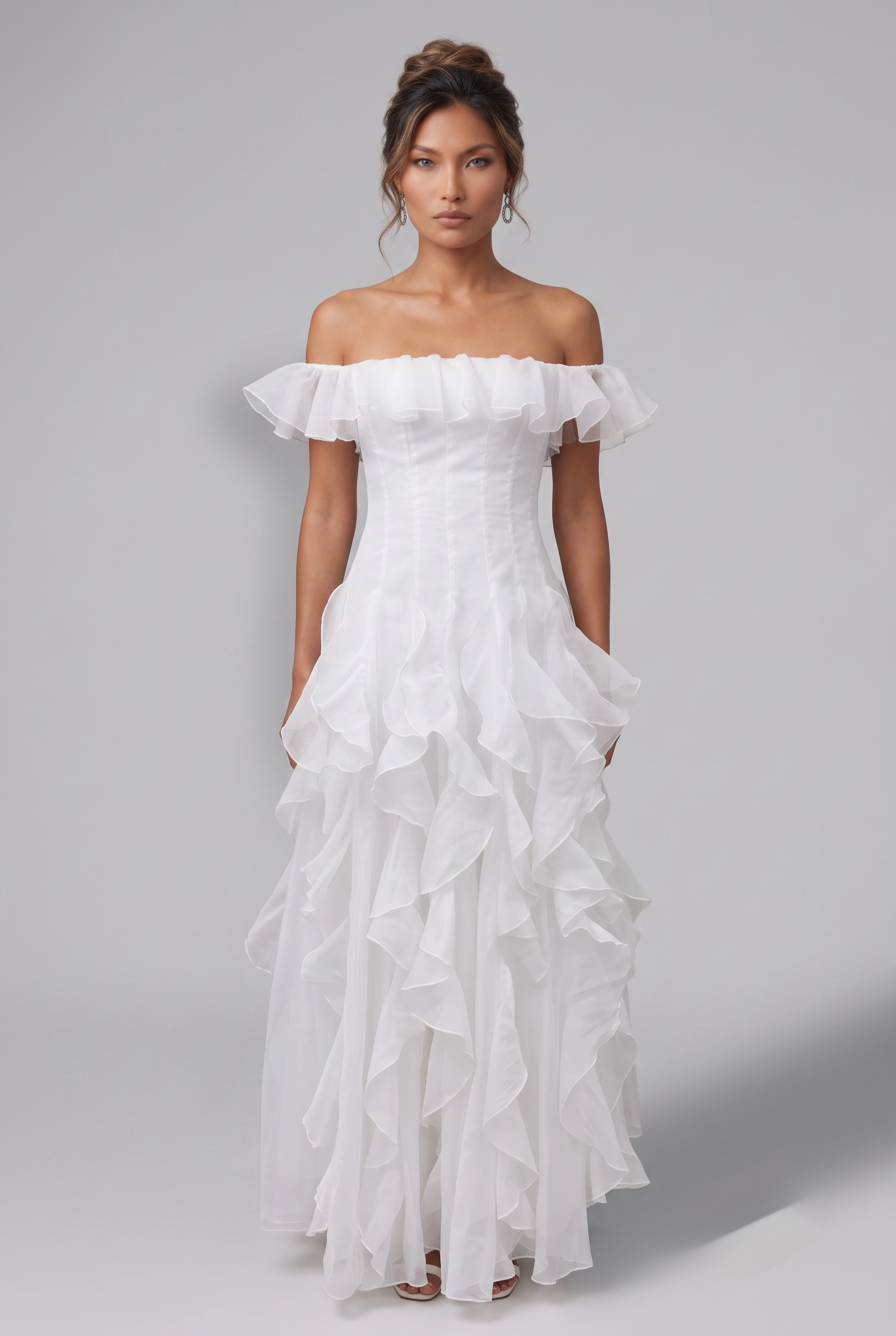 White Off-Shoulder Ruffle Organza Gown