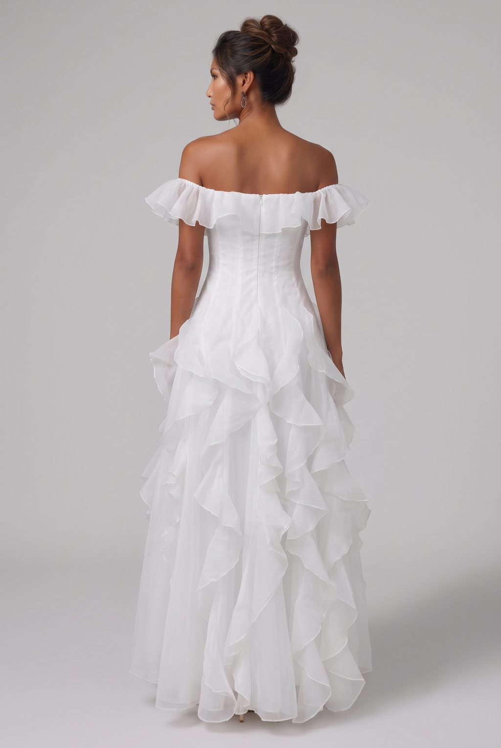 White Off-Shoulder Ruffle Organza Gown