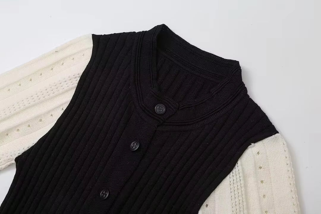 Black Contrast-Sleeve Button-Front Knit Midi Dress