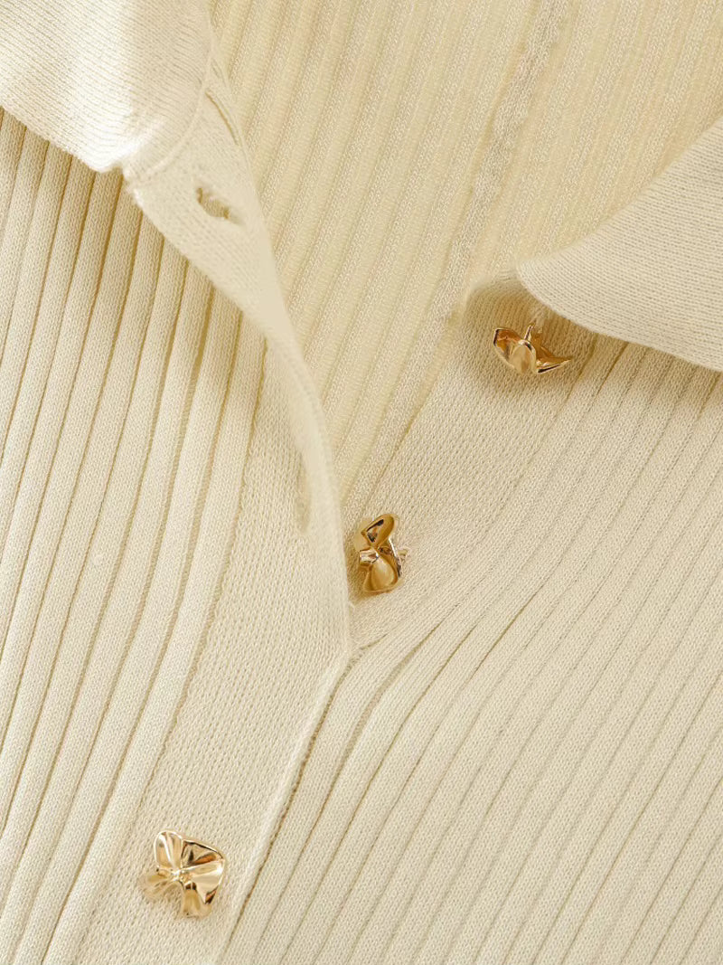 Ivory Ribbed Knit Collared Midi Dress