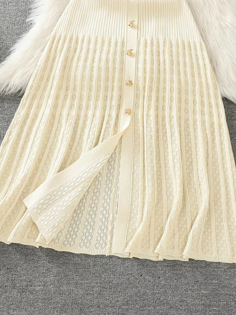 Ivory Ribbed Knit Collared Midi Dress